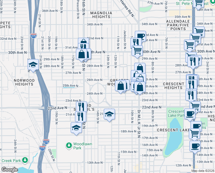 map of restaurants, bars, coffee shops, grocery stores, and more near 1224 Greenwood Avenue North in St. Petersburg
