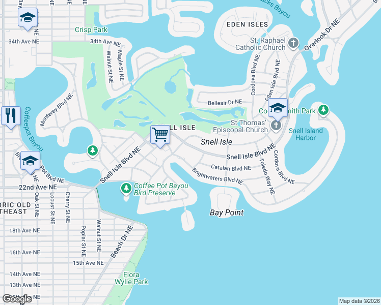 map of restaurants, bars, coffee shops, grocery stores, and more near 835 Snell Isle Boulevard Northeast in St. Petersburg