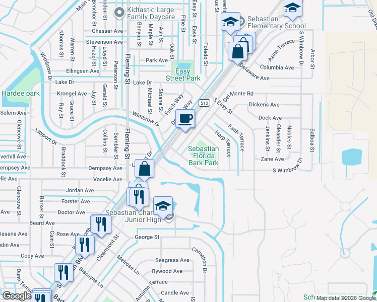 map of restaurants, bars, coffee shops, grocery stores, and more near 461 Del Monte Road in Sebastian