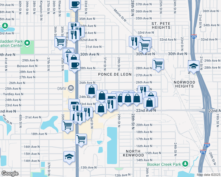 map of restaurants, bars, coffee shops, grocery stores, and more near 2927 25th Avenue North in St. Petersburg