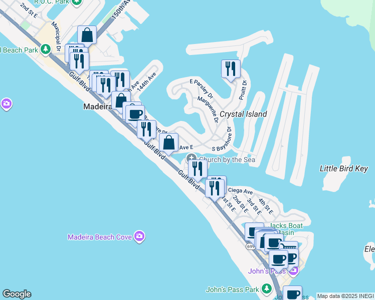 map of restaurants, bars, coffee shops, grocery stores, and more near 200 140th Avenue East in Madeira Beach