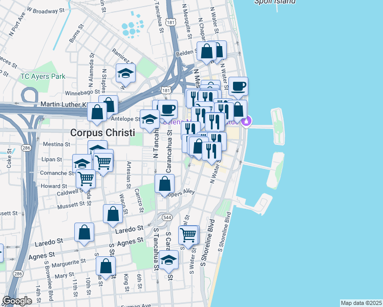 map of restaurants, bars, coffee shops, grocery stores, and more near 314 North Mesquite Street in Corpus Christi