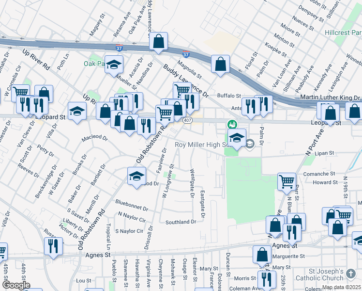 map of restaurants, bars, coffee shops, grocery stores, and more near 3417 Up River Road in Corpus Christi