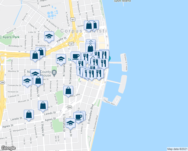 map of restaurants, bars, coffee shops, grocery stores, and more near 339 North Water Street in Corpus Christi