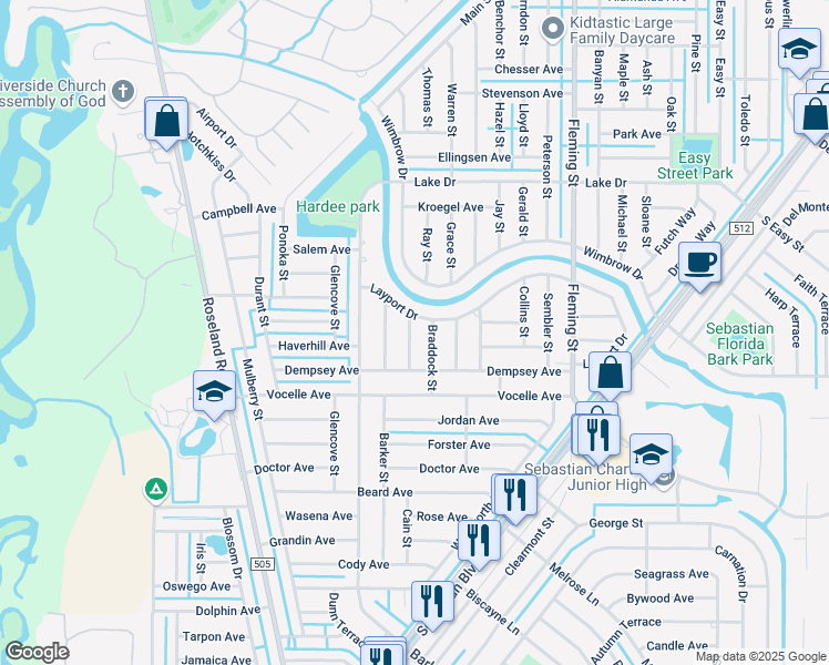 map of restaurants, bars, coffee shops, grocery stores, and more near 625 Ervin Street in Sebastian