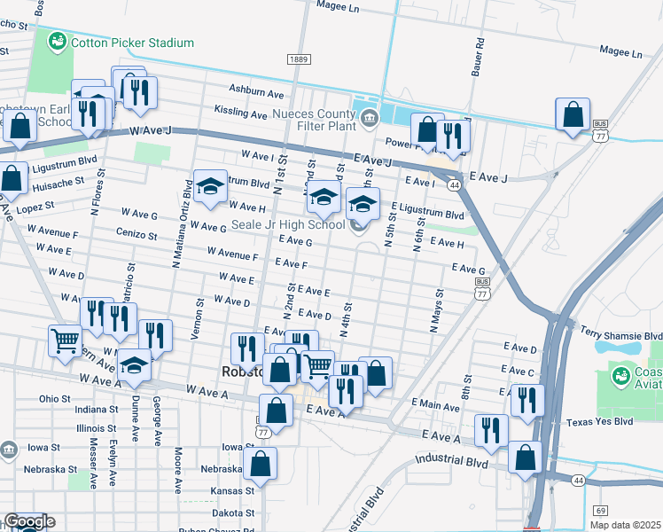 map of restaurants, bars, coffee shops, grocery stores, and more near 305 East Avenue F in Robstown