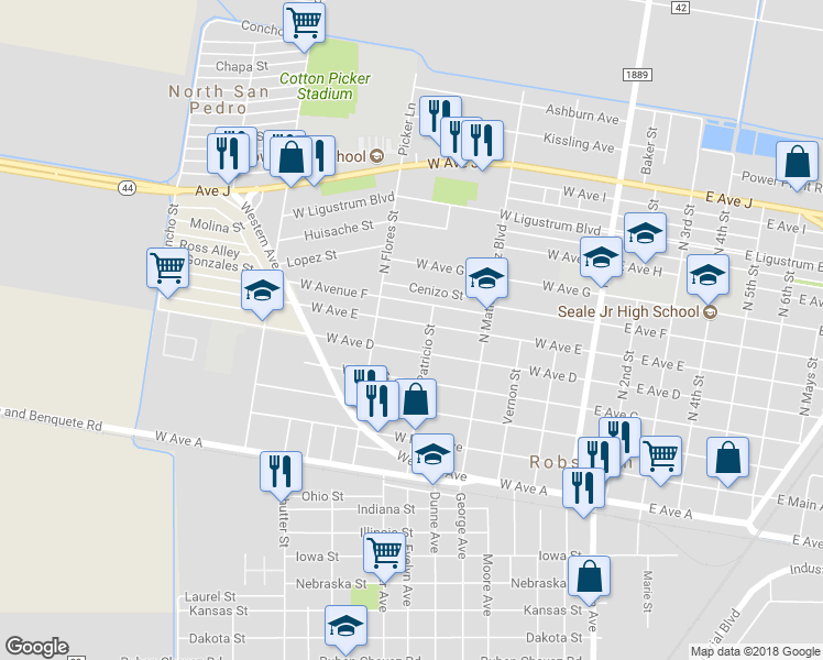 map of restaurants, bars, coffee shops, grocery stores, and more near 512 West Avenue East in Robstown