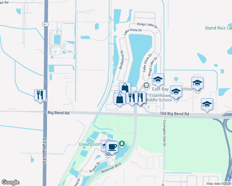 map of restaurants, bars, coffee shops, grocery stores, and more near 12511 Kings Crossing Drive in Gibsonton