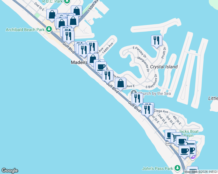 map of restaurants, bars, coffee shops, grocery stores, and more near 14050 Gulf Boulevard in Madeira Beach