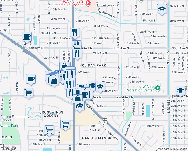 map of restaurants, bars, coffee shops, grocery stores, and more near 2500 64th Way North in St. Petersburg