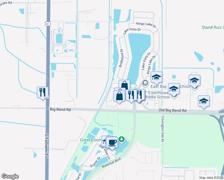map of restaurants, bars, coffee shops, grocery stores, and more near 12859 Kings Crossing Drive in Gibsonton