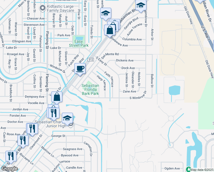 map of restaurants, bars, coffee shops, grocery stores, and more near 285 Harp Terrace in Sebastian