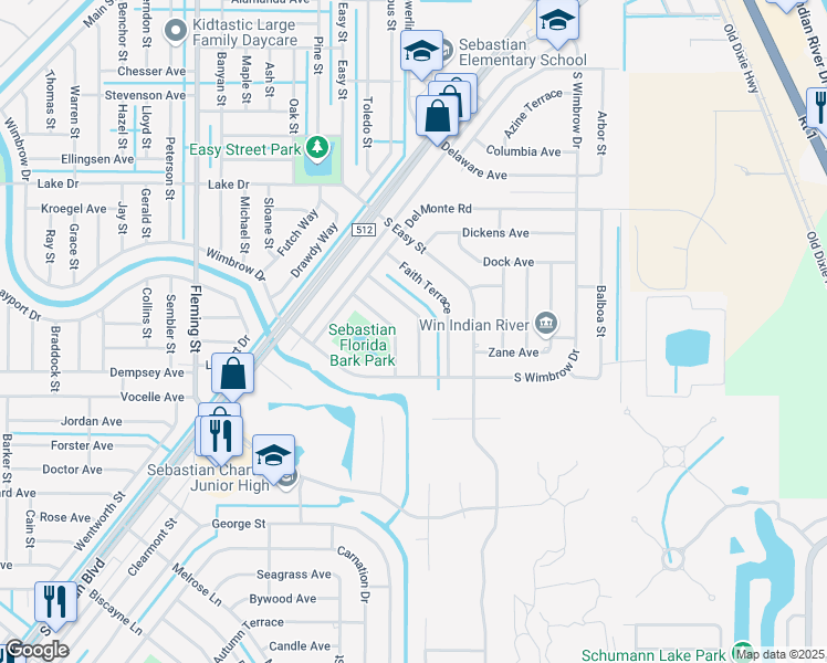 map of restaurants, bars, coffee shops, grocery stores, and more near 285 Harp Terrace in Sebastian