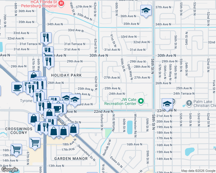 map of restaurants, bars, coffee shops, grocery stores, and more near 6141 25th Avenue North in St. Petersburg