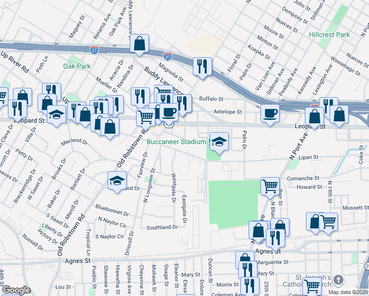 map of restaurants, bars, coffee shops, grocery stores, and more near 3302 Up River Road in Corpus Christi