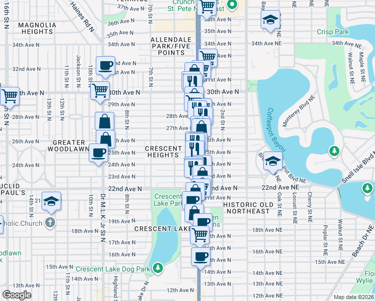 map of restaurants, bars, coffee shops, grocery stores, and more near 435 25th Avenue North in St. Petersburg