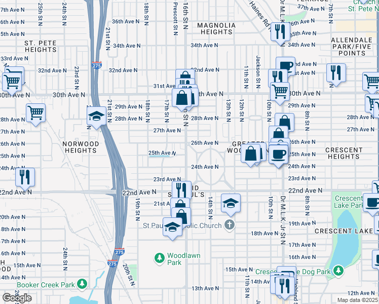 map of restaurants, bars, coffee shops, grocery stores, and more near 2505 16th Street North in Saint Petersburg