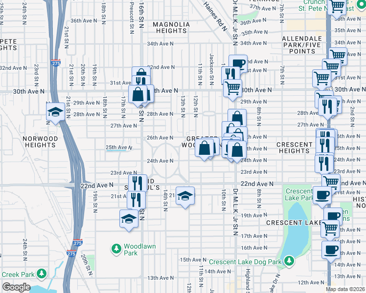 map of restaurants, bars, coffee shops, grocery stores, and more near 1224 Greenwood Avenue North in St. Petersburg