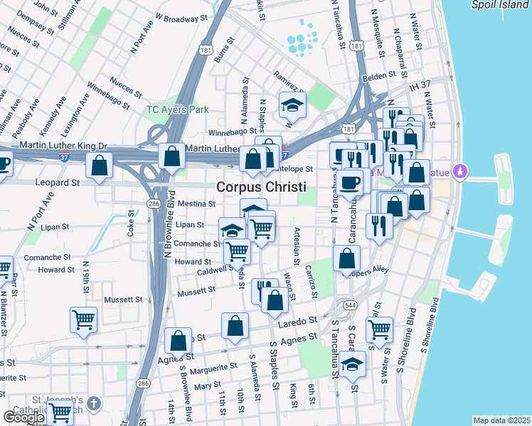 map of restaurants, bars, coffee shops, grocery stores, and more near 520 North Staples Street in Corpus Christi