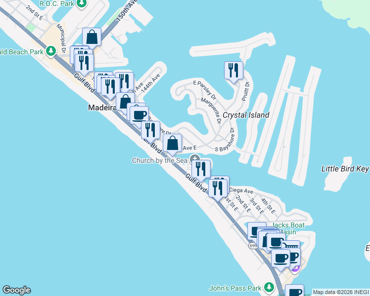 map of restaurants, bars, coffee shops, grocery stores, and more near 200 140th Avenue East in Madeira Beach