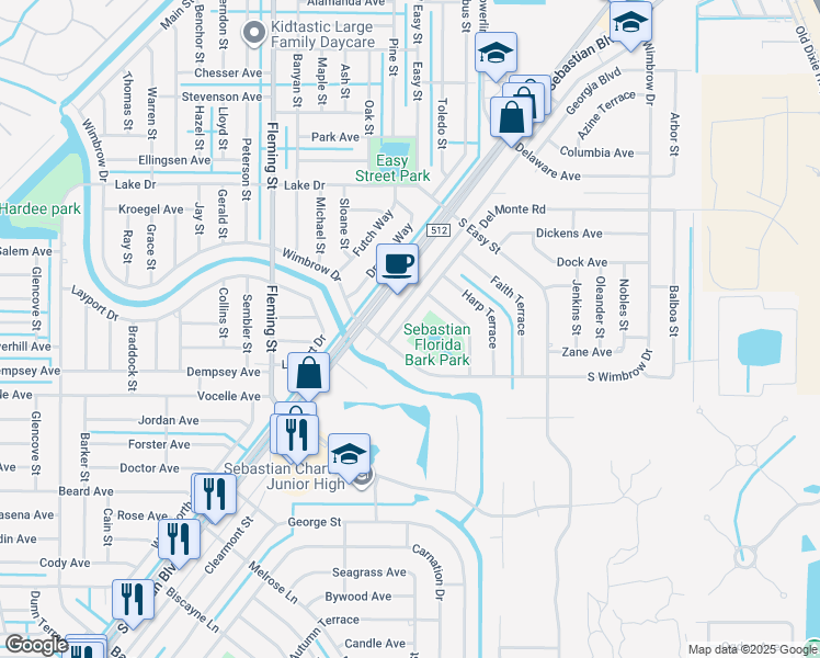 map of restaurants, bars, coffee shops, grocery stores, and more near 461 Del Monte Road in Sebastian