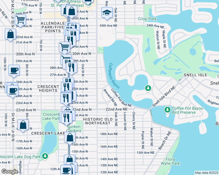 map of restaurants, bars, coffee shops, grocery stores, and more near 2310 Coffee Pot Boulevard Northeast in St. Petersburg