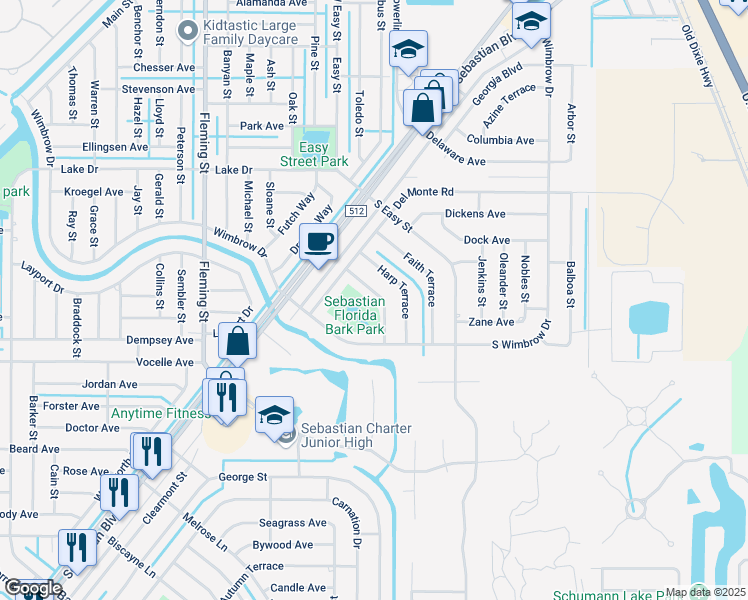 map of restaurants, bars, coffee shops, grocery stores, and more near 245 Keen Terrace in Sebastian