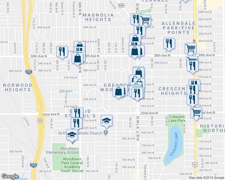 map of restaurants, bars, coffee shops, grocery stores, and more near 1163 25th Avenue North in St. Petersburg