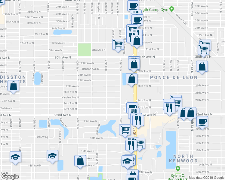 map of restaurants, bars, coffee shops, grocery stores, and more near 3633 25th Avenue North in St. Petersburg