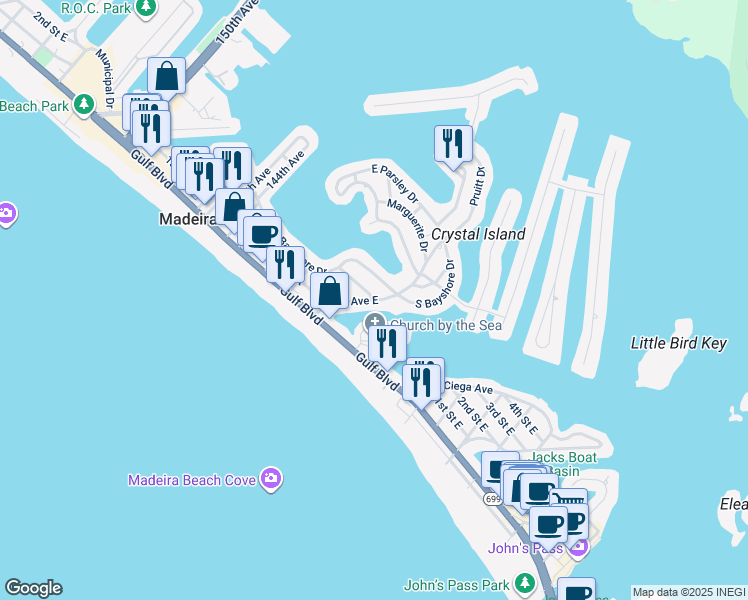 map of restaurants, bars, coffee shops, grocery stores, and more near 200 140th Avenue East in Madeira Beach