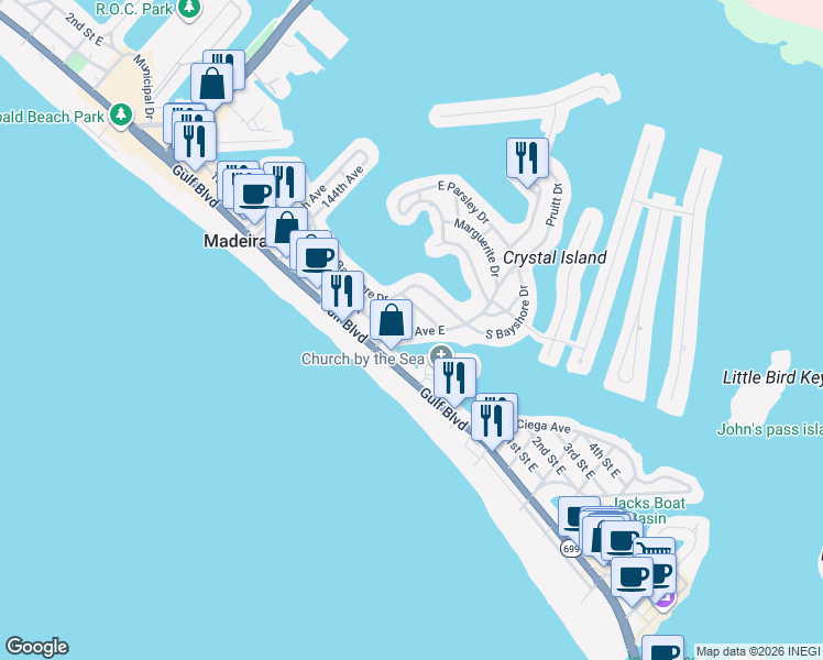 map of restaurants, bars, coffee shops, grocery stores, and more near 200 140th Avenue East in Madeira Beach