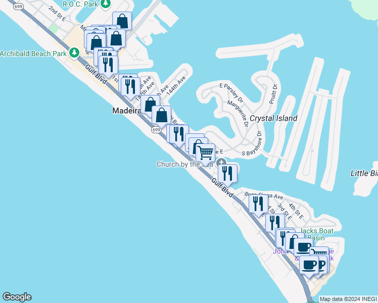 map of restaurants, bars, coffee shops, grocery stores, and more near in Madeira Beach