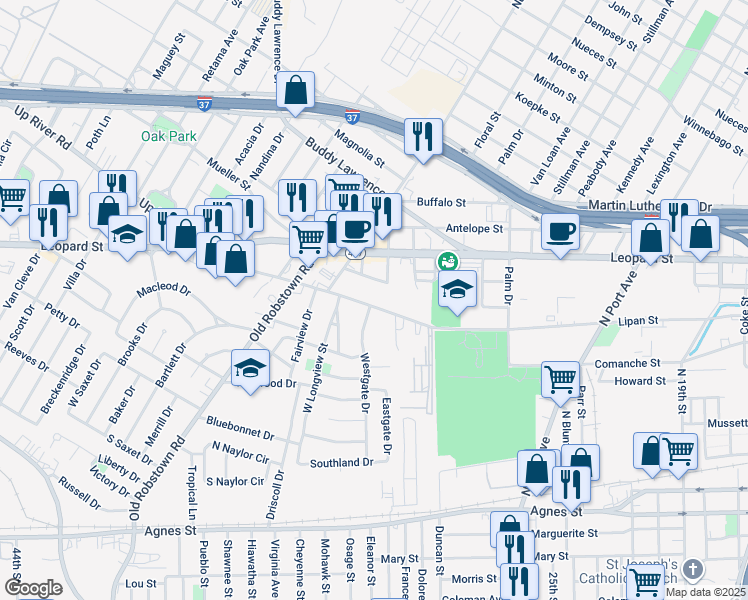map of restaurants, bars, coffee shops, grocery stores, and more near 3302 Up River Road in Corpus Christi