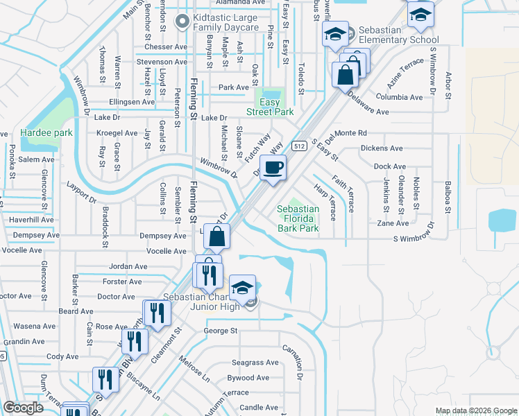 map of restaurants, bars, coffee shops, grocery stores, and more near 683 Sebastian Boulevard in Sebastian