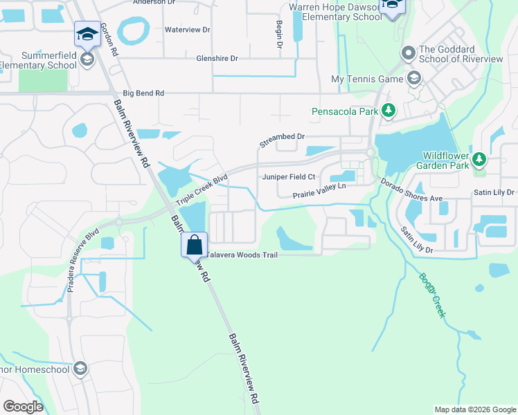 map of restaurants, bars, coffee shops, grocery stores, and more near 12223 Streambed Drive in Riverview