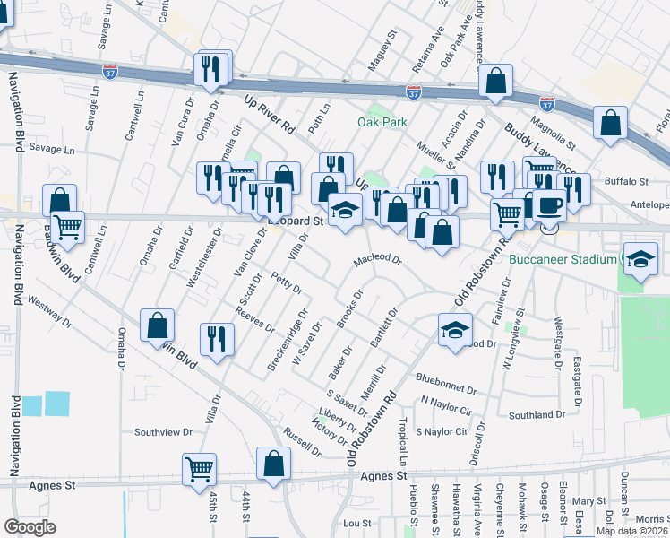 map of restaurants, bars, coffee shops, grocery stores, and more near 605 Breckenridge Drive in Corpus Christi