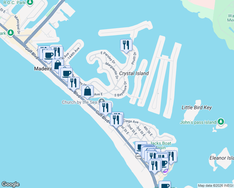 map of restaurants, bars, coffee shops, grocery stores, and more near 440 South Bayshore Drive in Madeira Beach