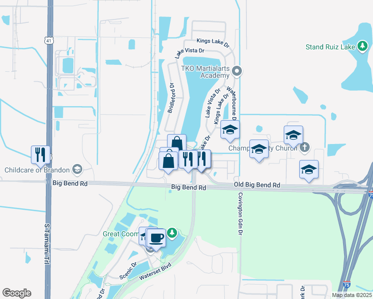 map of restaurants, bars, coffee shops, grocery stores, and more near 13129 Lake Vista Drive in Gibsonton