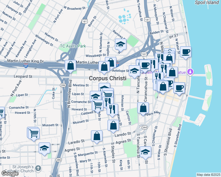 map of restaurants, bars, coffee shops, grocery stores, and more near 520 North Staples Street in Corpus Christi