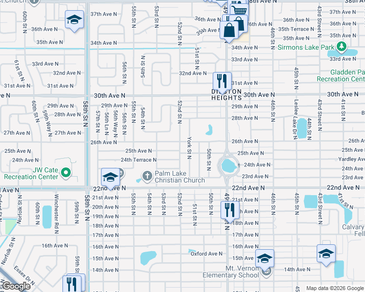 map of restaurants, bars, coffee shops, grocery stores, and more near 2561 52nd Street North in St. Petersburg