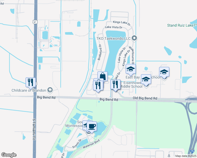 map of restaurants, bars, coffee shops, grocery stores, and more near 12511 Kings Crossing Drive in Gibsonton
