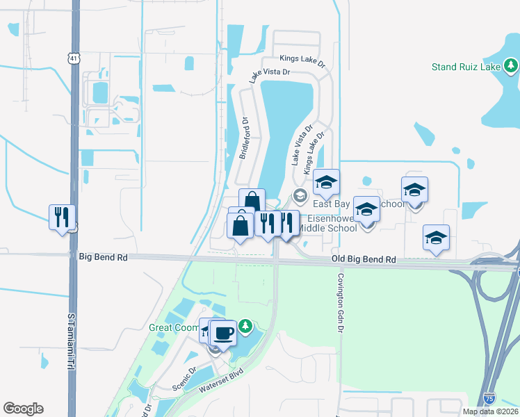 map of restaurants, bars, coffee shops, grocery stores, and more near 13141 Kings Crossing Drive in Gibsonton