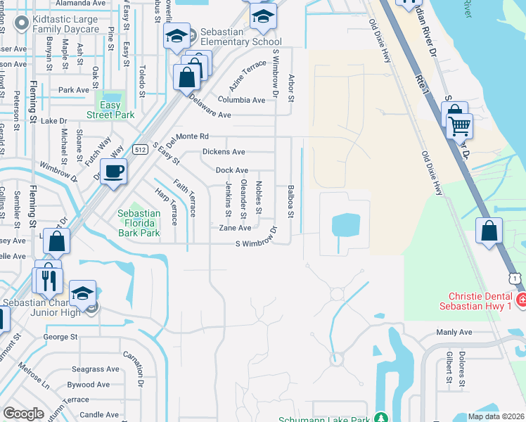 map of restaurants, bars, coffee shops, grocery stores, and more near 160 South Wimbrow Drive in Sebastian