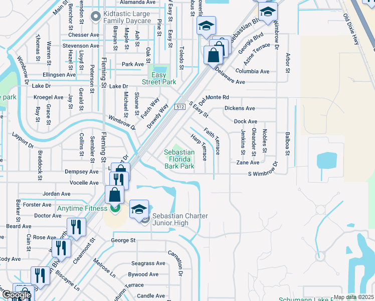 map of restaurants, bars, coffee shops, grocery stores, and more near 245 Keen Terrace in Sebastian