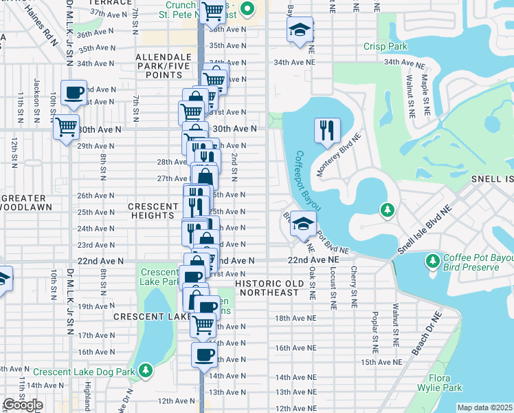 map of restaurants, bars, coffee shops, grocery stores, and more near 127 25th Avenue North in St. Petersburg