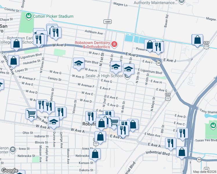 map of restaurants, bars, coffee shops, grocery stores, and more near 201 East Avenue F in Robstown