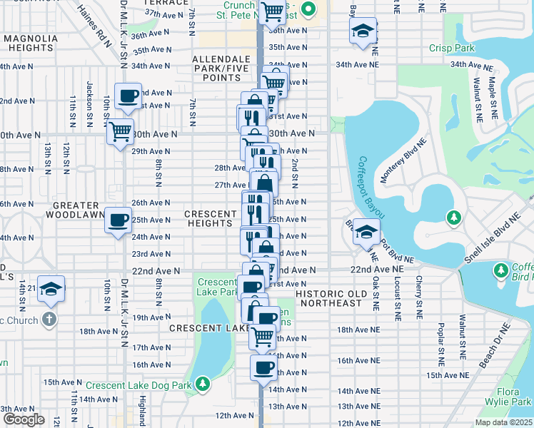 map of restaurants, bars, coffee shops, grocery stores, and more near 2501 4th Street North in St. Petersburg
