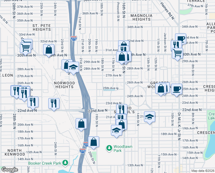 map of restaurants, bars, coffee shops, grocery stores, and more near 1729 25th Avenue North in St. Petersburg