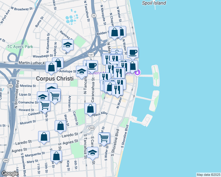 map of restaurants, bars, coffee shops, grocery stores, and more near 314 North Mesquite Street in Corpus Christi
