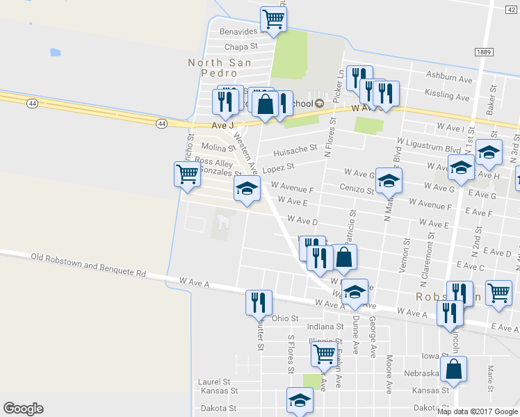 map of restaurants, bars, coffee shops, grocery stores, and more near 709 West Avenue D in Robstown